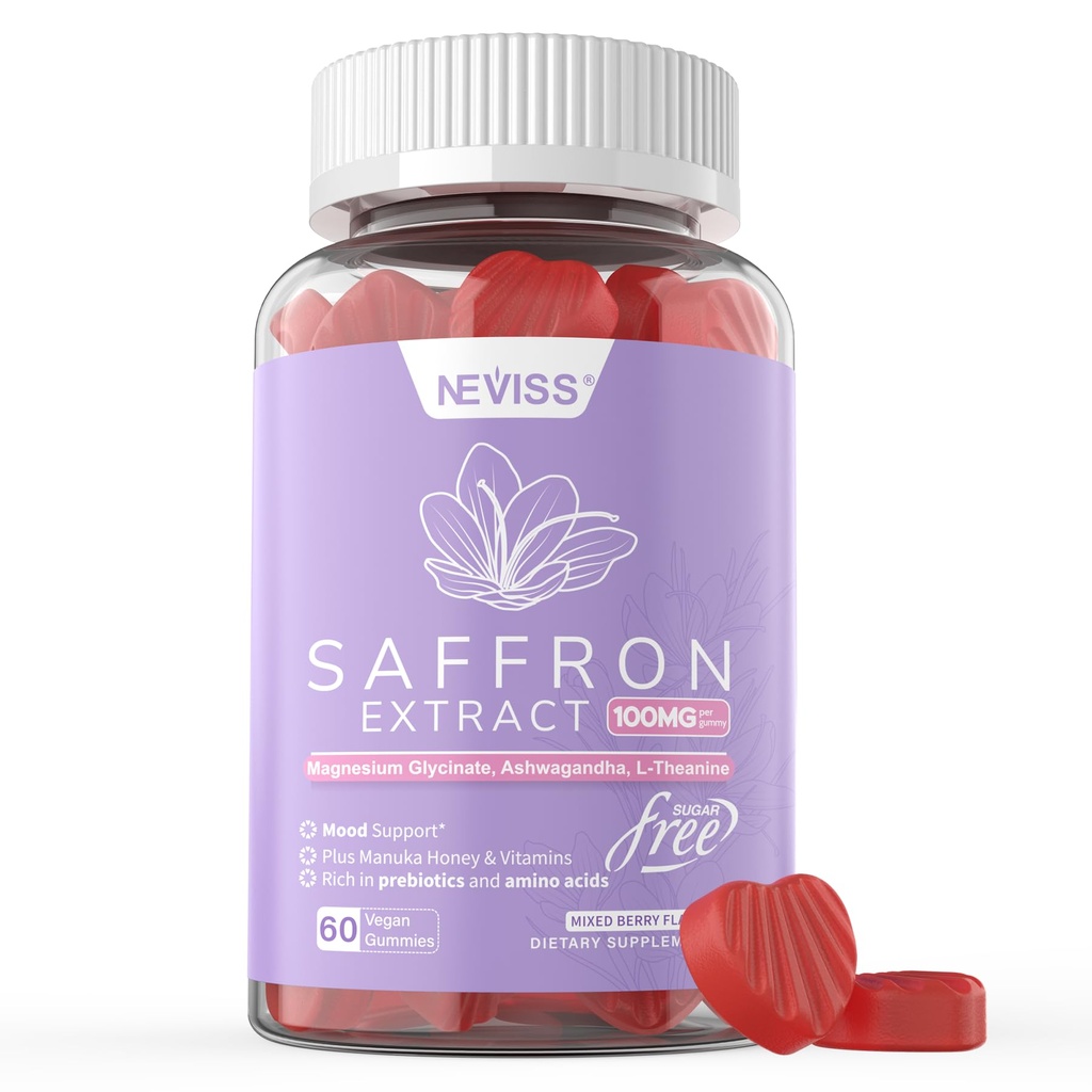 Suplementy szafranowe Gummies 100mg - 100% czysty ekstrakt szafranowy z Magnezu Glycinate, L- Theanine, Turmeric, Ashwagandha, Honey & Witamina B Complex for Mood & Power, Przeciwutleniacz, Witalność - 60 Licznik