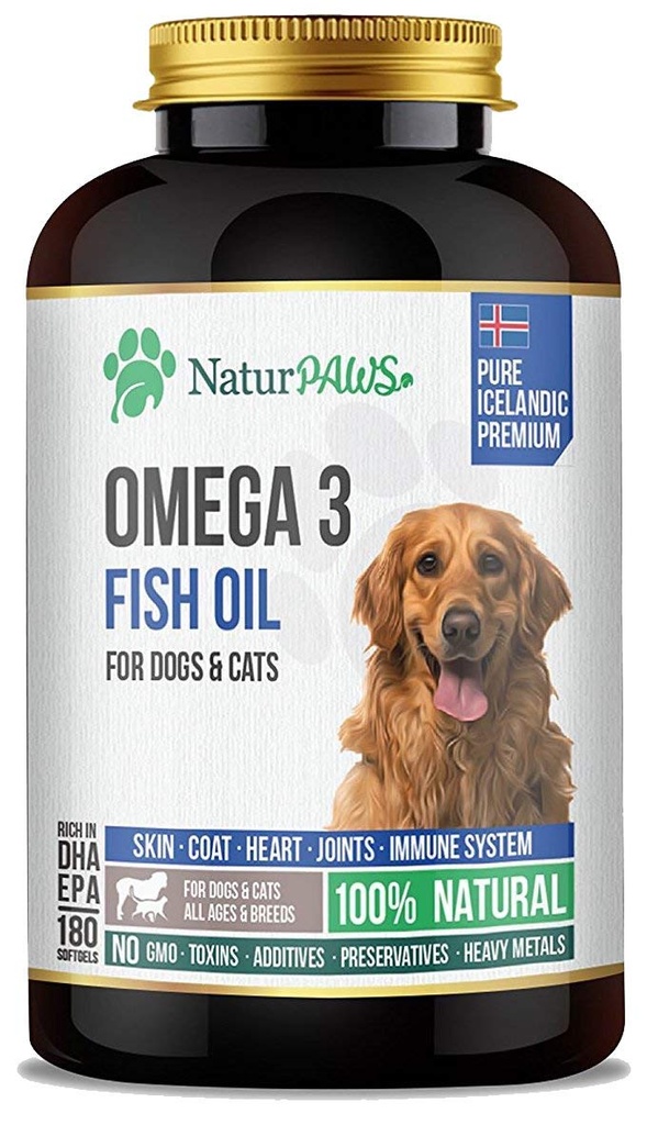 Omega 3 Fish Oil Supplement for Dogs and Cats - 1000 mg Pure DHA and EPA Omegas - Wspiera zdrowy płaszcz i skórę, serce, układ immunologiczny, łączniki i biodra - 180 softgeli