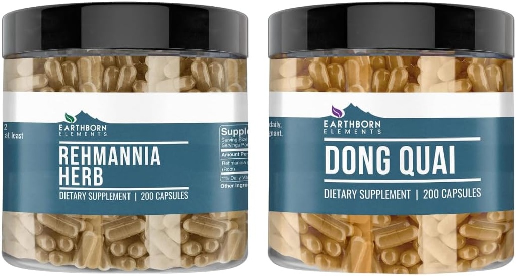 Earthborn Elements Rehmannia Herb i Dong Quai Bundle, 200 Kapsułek Każdy, Czysty i Nierozcieńczony, Brak dodatków