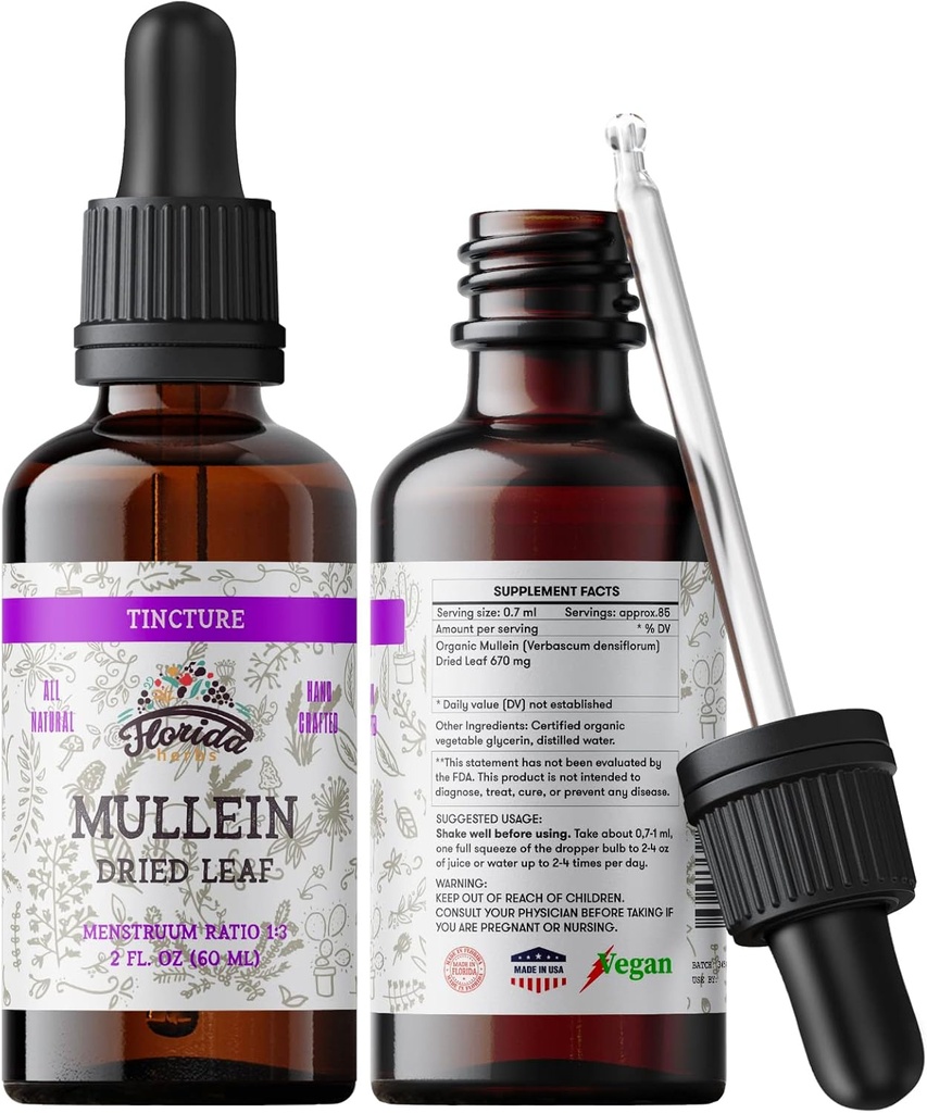 Ekstrakt Mullein Tincture, Mullein organiczny (Verbascum densiflorum) Suchy suplement ziołowy liści w Glicerinie roślinnej na zimno 670 mg