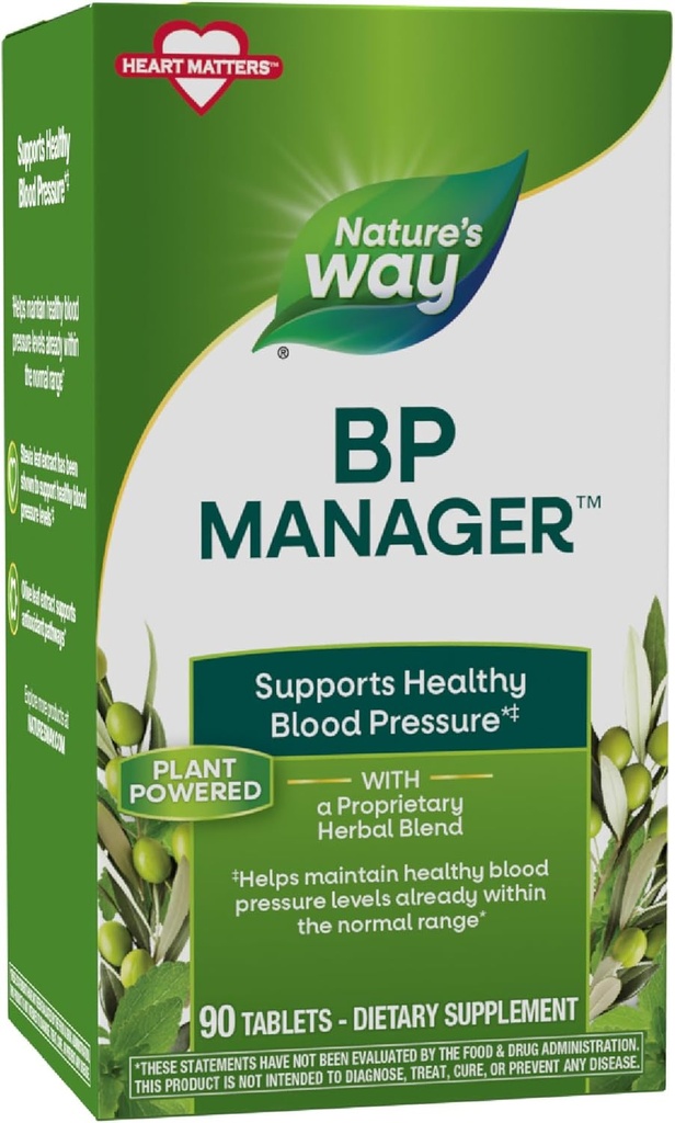 Nature 's Way BP Manager, Wspiera zdrowe ciśnienie krwi (1) & Heart Health *, ze Stevia, Hawthorn, & Olive Leaf Extracts, 90 Tablets (Packaging May Vary)