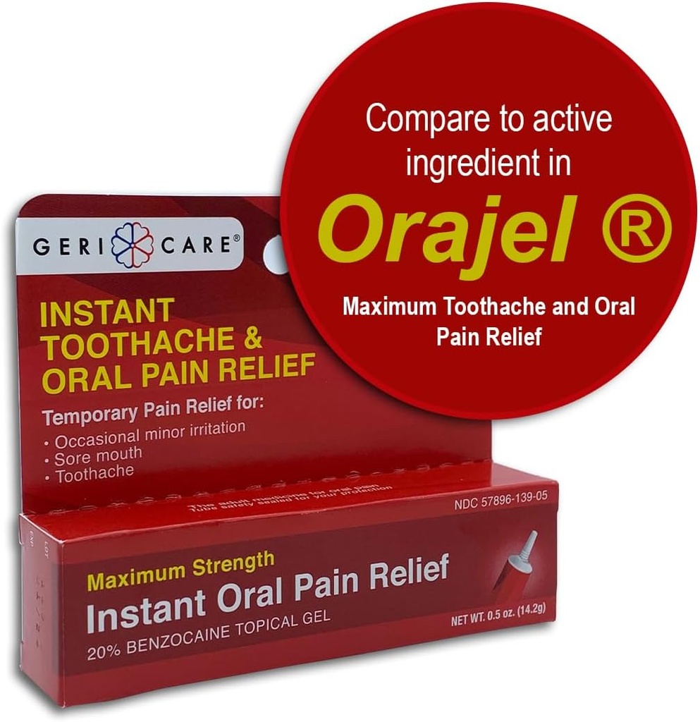 GeriCare Benzocaine 20% Maksymalna siła Toothpache & Oral Instant Pain Relief Gel 0.5 oz. Szybkie działania Numbing Pain Leczenie zębatek, Nawadnianie gumy, Wrażliwość i Mouth Sores, (Opakowanie 1)