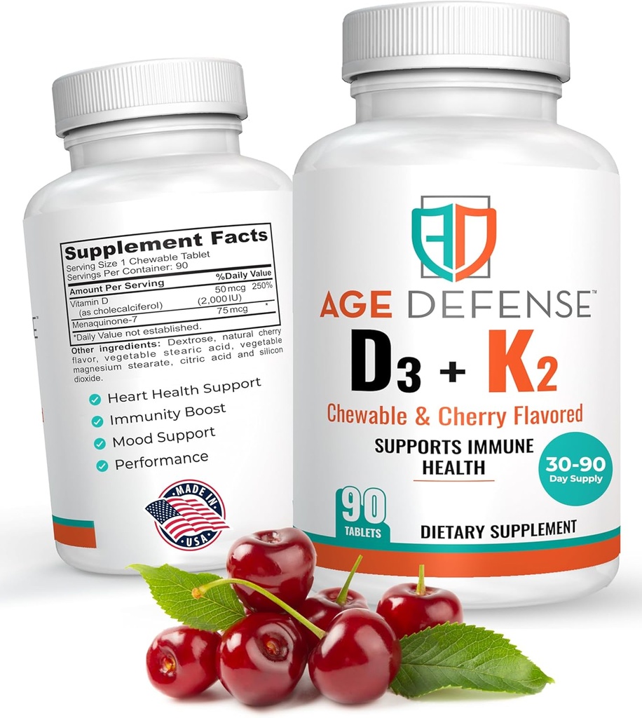Witamina D3 2000 j.m. z K2- 90 Tabletki do rozgryzania i żucia z Cherry Flavoring- Natural Energy Booster- Wspiera witalność, zdrowie immunologiczne, i Ogólnie Wellness- Witamina D3 z Witaminą K2 dla mężczyzn i kobiet
