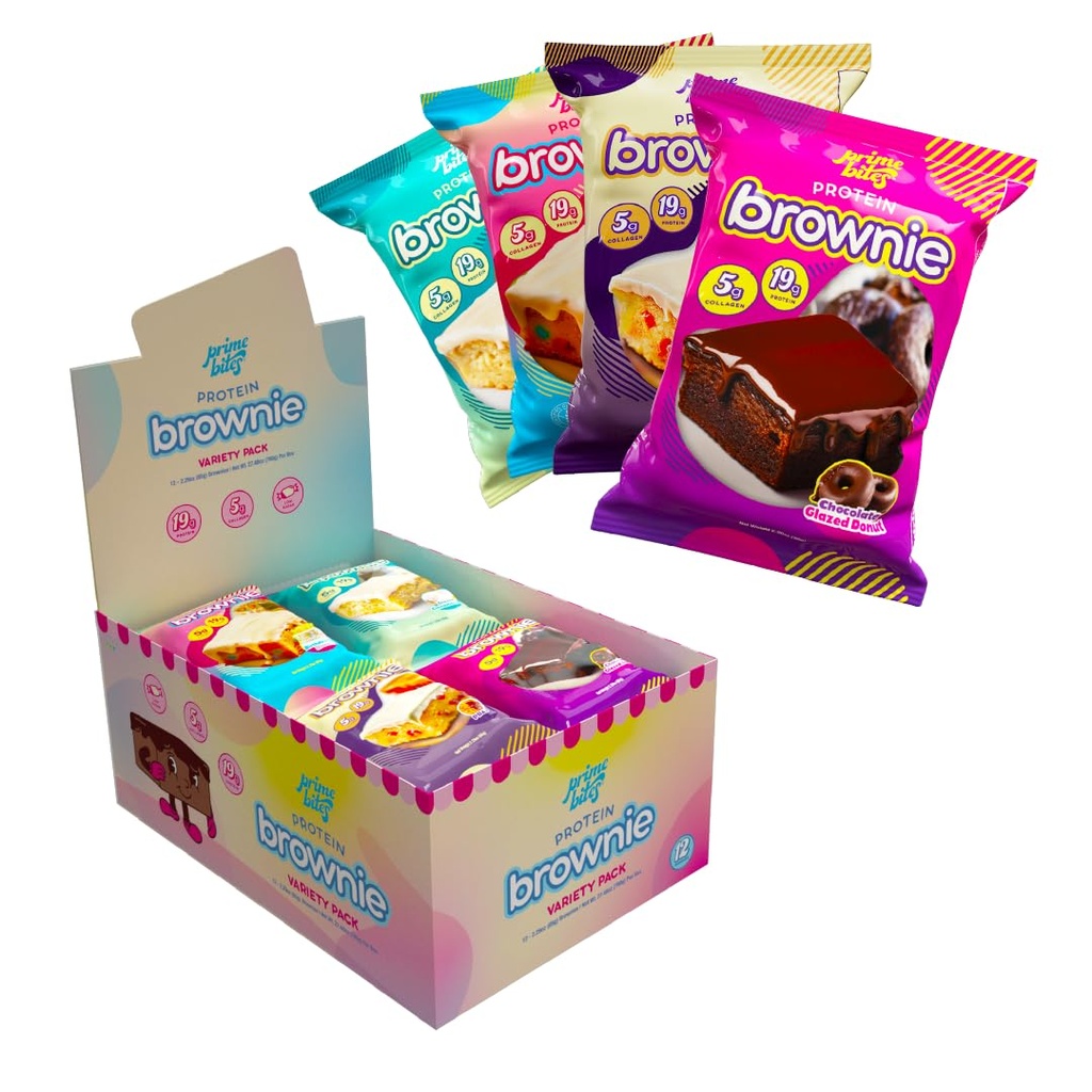 Prime Bites Protein Brownie z Alpha Prime Supplements Xi124; High Protein, Collagen Fortitified Low Sugar Treat Xion124; Delicious Snack Xion124; 12 Barów na pudełko (Variety Pack)