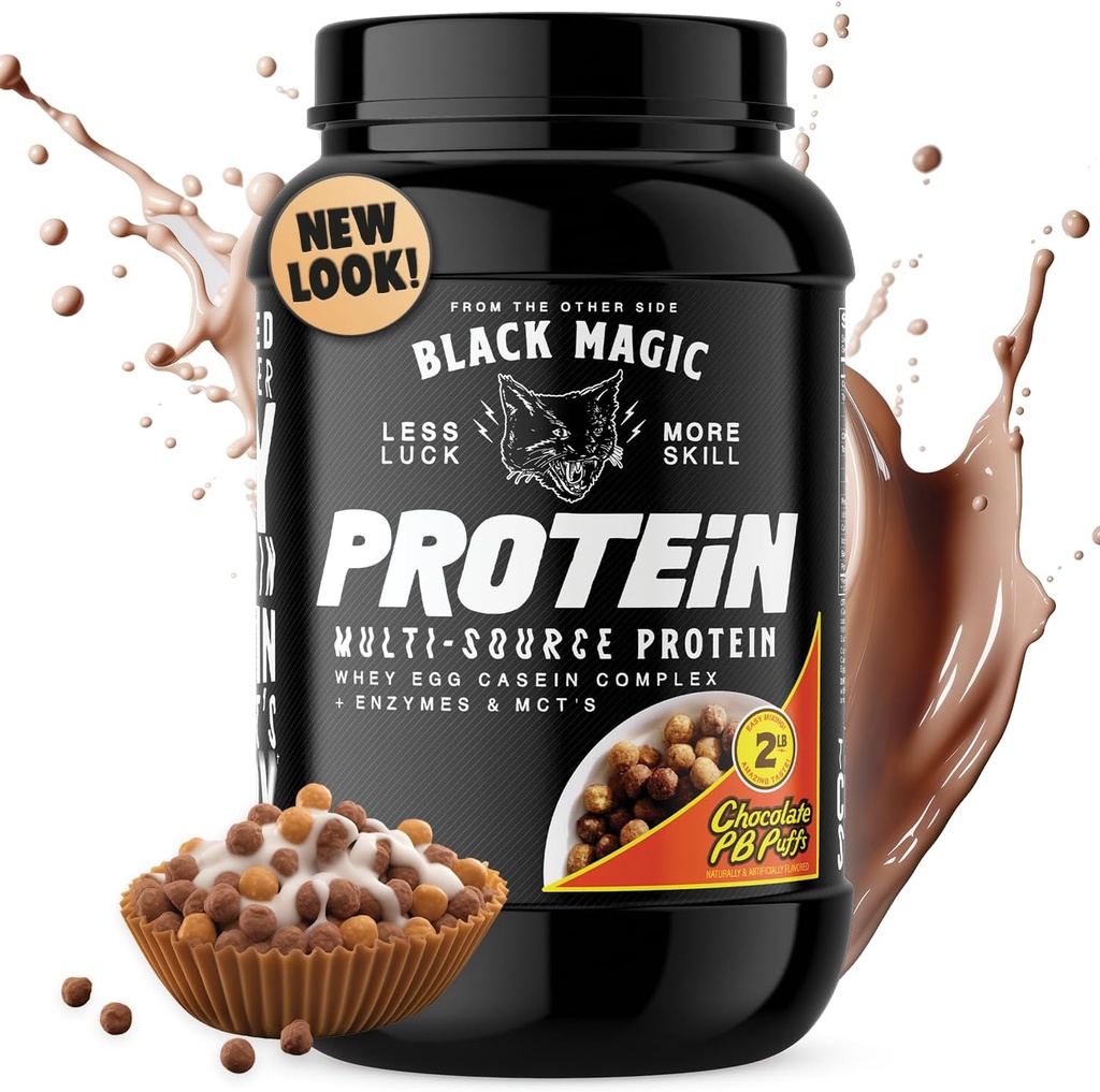 Proszek Black Magic Protein - Serwatka, Jajko i Casein Complex z Enzymami i MCT Powder - Trening wstępny i post - Nowy wygląd - Słynne Puffs Czekoladowy Masło orzechowe - 24 g Białko - 2 LB