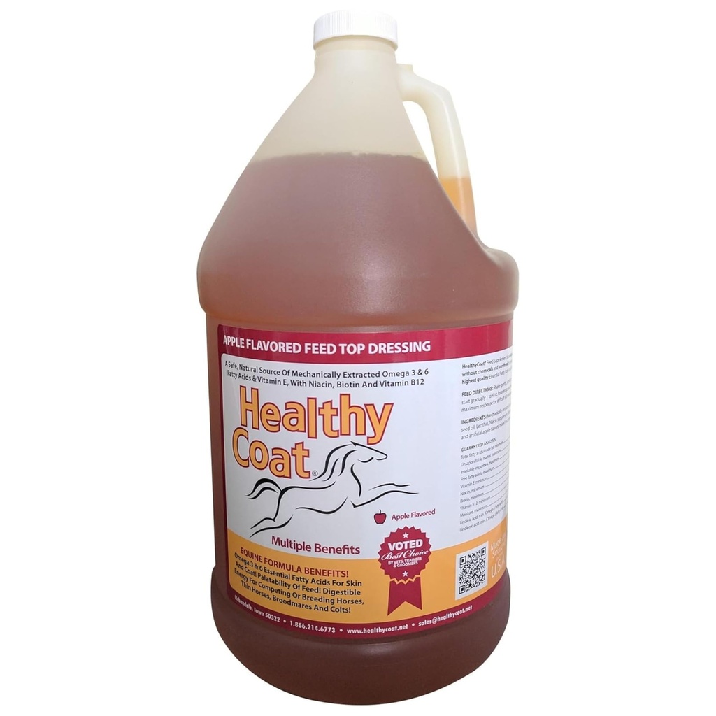 Zdrowy Coat Feed Suplement dla koni: Gallon. Skóra, płaszcz, Stan ciała, Wydajność, Alergie, System immunologiczny, Kopyto, Wspólne, Omega 3 & 6 Kwasy tłuszczowe.