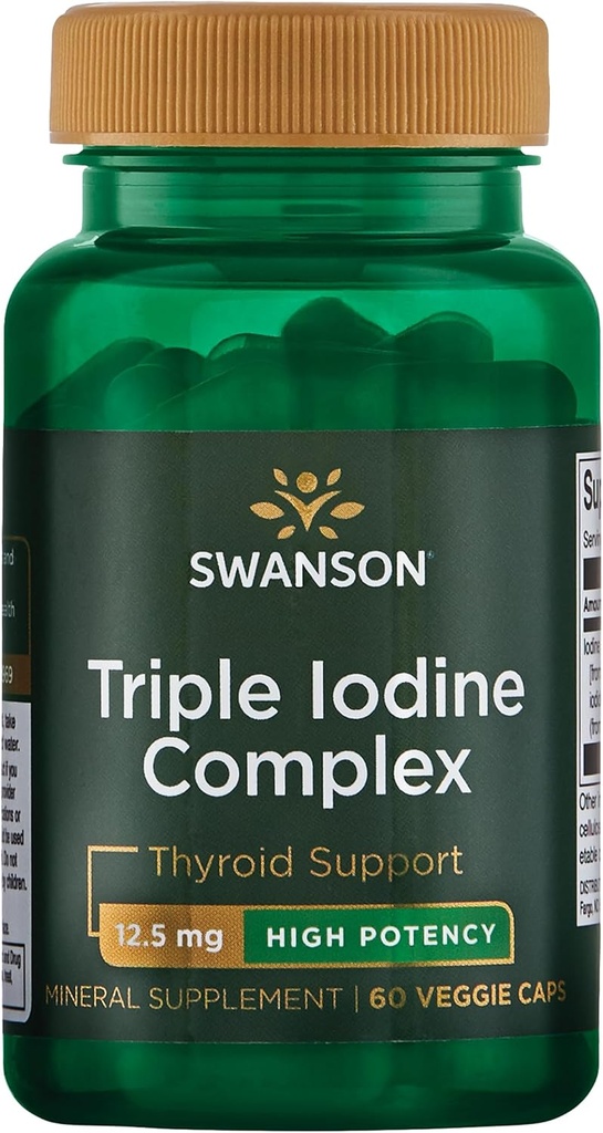 Swanson Triple Jod Complex- Natural Supplement for Vital Tyroid Support- Promotes Metabolic Function, Zwiększona produkcja krwinek czerwonych, & Heart Health- (60 Veggie kapsułki, 12,5 mg każdy) 1 opakowanie