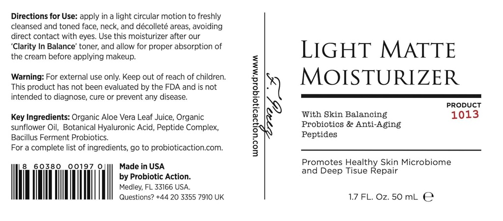 Probiotic Action ® Light Matte Moisturizer - Probiotic pomóc zapobiec trądzikowi, Rosacea i Eczema. Probiotyk i Peptyd zachowują blask, miękkość i ucisk czystej skóry.