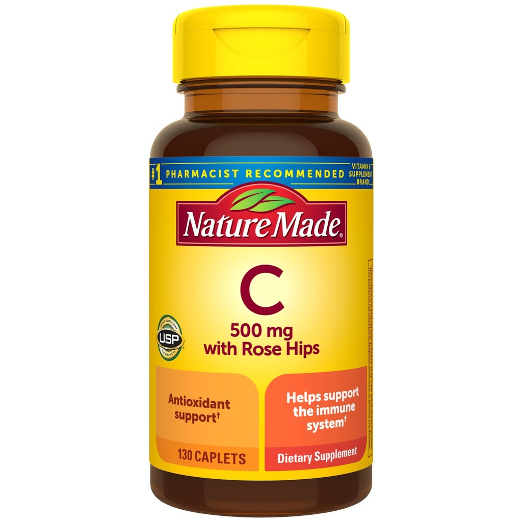 Nature Made Witamina C 500 mg z Rose Hips, Suplement diety do wsparcia immunologicznego, 130 Kapulety, 130 Day Supply