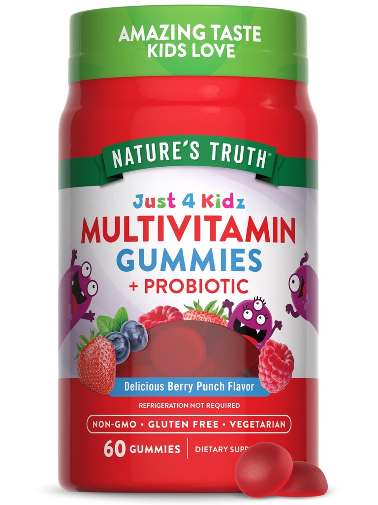 Nature 's Truth Kids Multivitamin Gummies with Probiotics Xi124; 60 Count Xi124; Berry Punch Flavor Xi124; Vegetarian, Non-GMO, and gluten Free Supplement