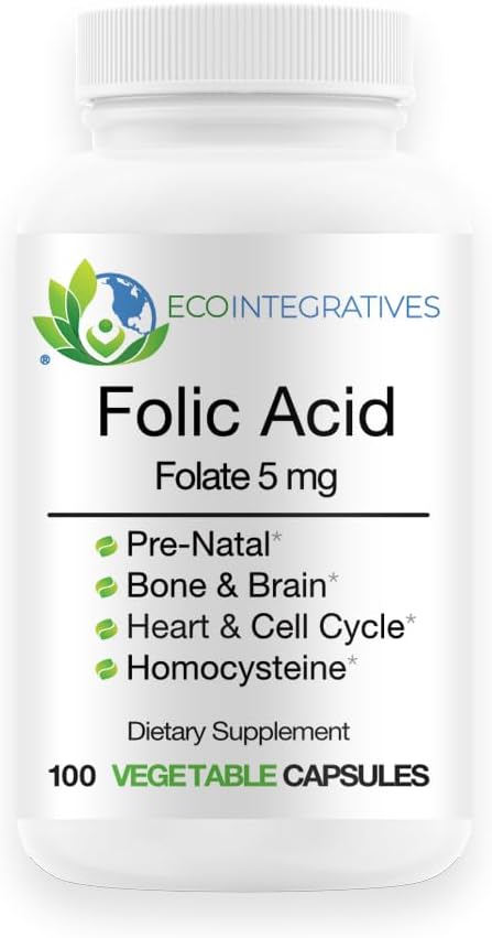 Folic Acid Folate 5mg (B9) Prenatal, Reproductive Health, Homocysteina, Metabolizm, Kardioviral, Bone, Immune Support, Allergen Free, Non GMO - 100 Vegan kapsułki