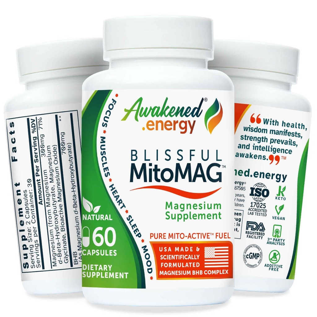 Błogi MitoMag - 300 mg Elemental Magnezu Complex: Mg Glycinate, Mg BHB - Sleep Muscles Mood Energy Cognitive Focus Calm - All Natural, USA Made, No Additives - 60 Vegan kapsułki suplement