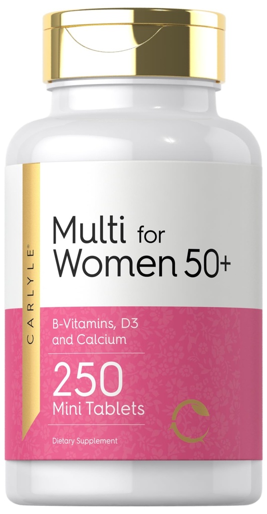 Carlyle Multivitamin dla kobiet 50 Plus 124; 250 Mini Tablets XI124; Żelaza Free Supplement XI124; Witaminy A, B12, C, D3, Folate (jako kwas foliowy) i Wapnia XI124; Non-GMO, Gluten Free