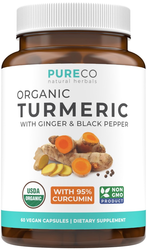 Organic Turmeric Ginger Black Pepper Supplement - Wysoka moc Organic Turmeric Curcumina Kapsułki z Ginger & Black Pepper dla ulepszonych korzyści i absorpcji - Vegan & Non-GMO (1 Miesiąc dostaw)