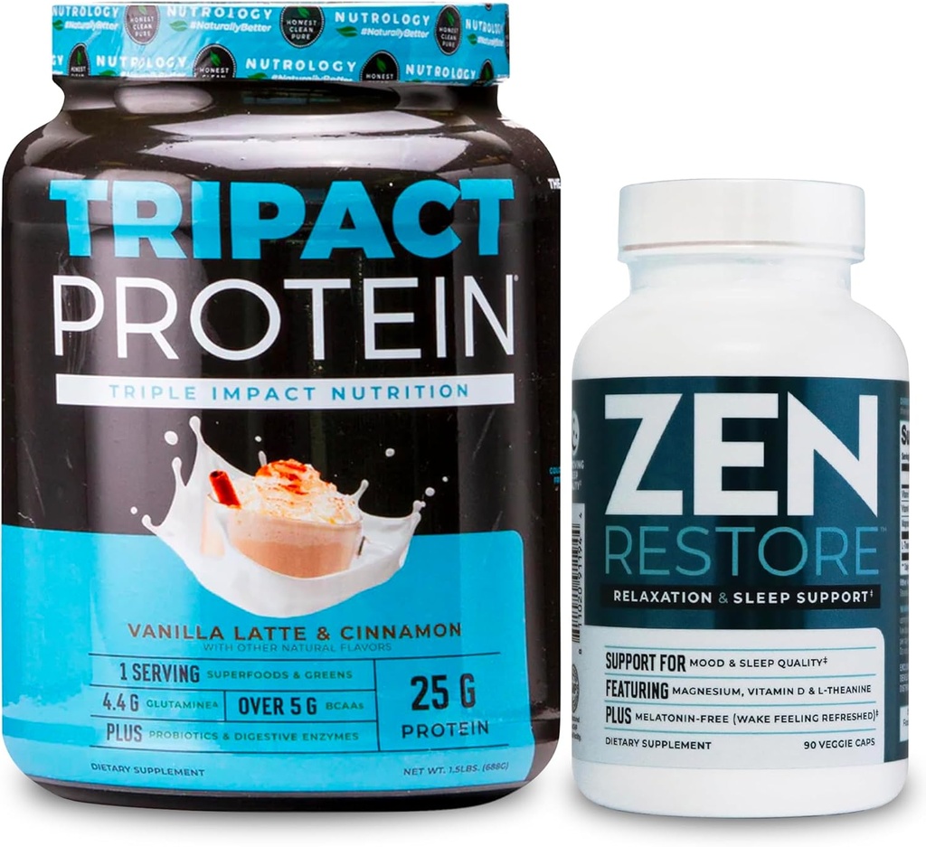 Nutrologia TRIPACT Białko w proszku, 7- in-1 Mieszany wstrząs zastępczy, Vanilla Latte Cynamon Flavor (20 Servings) Zen Naturalny suplement magnezu (30 Servings)