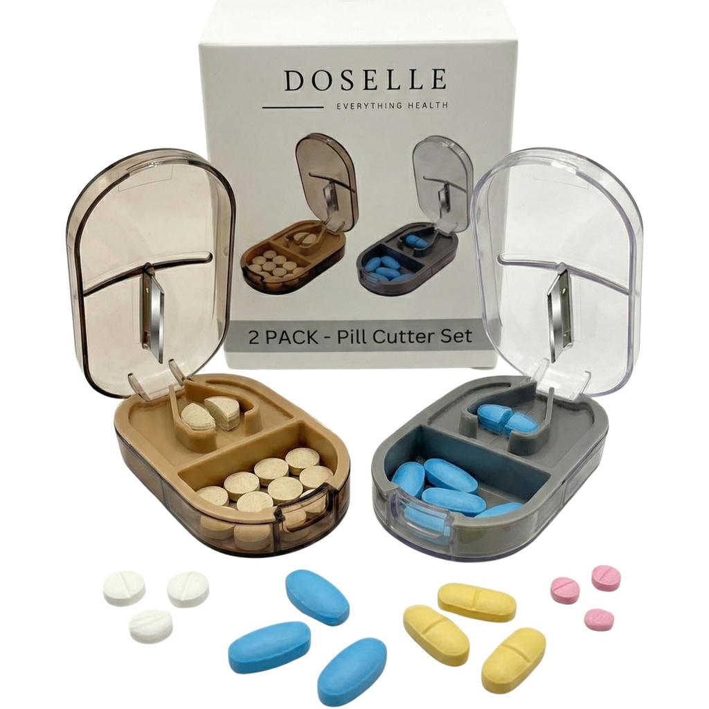 2PCS - Pill Cutter Splitter z Mini Pill Box - Pill Cutters for Small or Large Pills Professional - 4 Way Pill Splitter 1 / 4 - Pill Splitter z urządzeniem do grzebienia - Gray & Brown