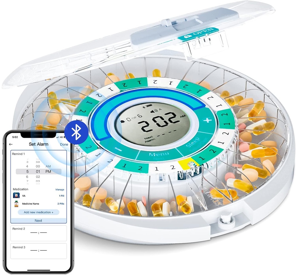 Zoksi Upgrade Bluetooth automatic Pill Dispenser Maszyna dla osób starszych z alarmem, Smart Medication Pill Box 28 Dzień do użytku domowego, Elektroniczny organizator medycyny miesięcznie, Timed Reminder