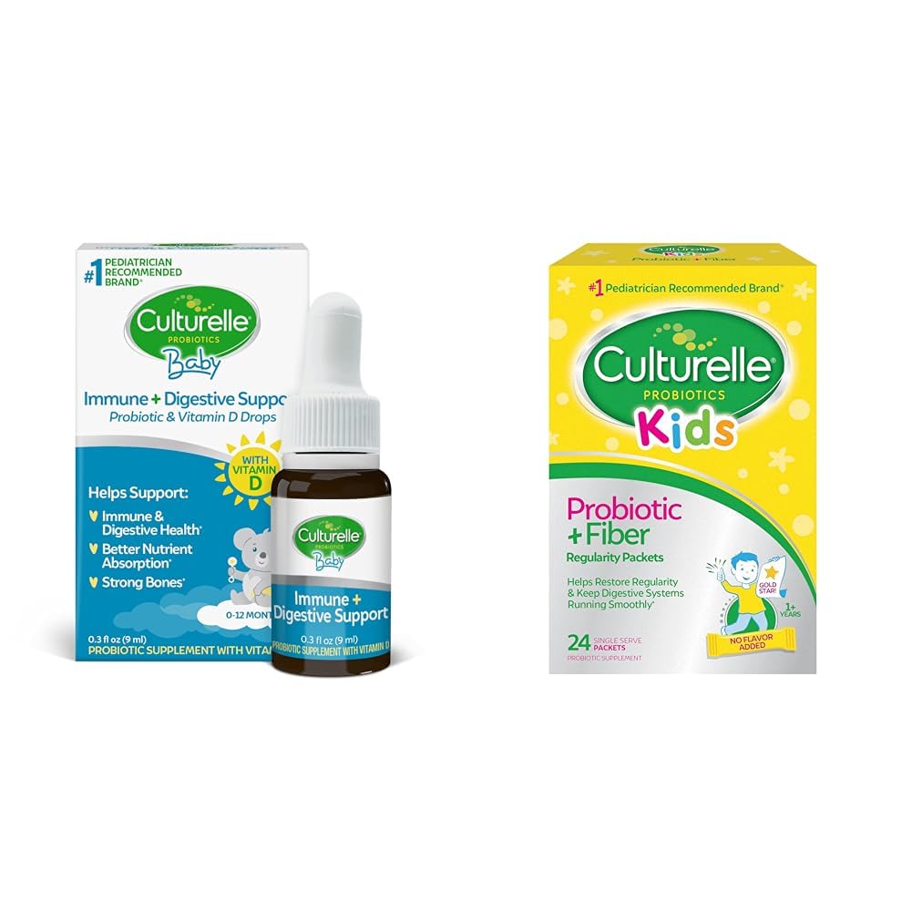 Culturelle Baby Immune & Digestive Support Probiotic + witamina D krople, 30 Day Supply Kids Probiotic + Fiber Pakiety, 24 Count