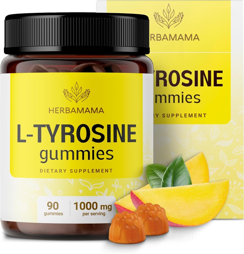 Gumie HERBAMAMA L- Tyrozyna - 1000mg L- Tyrozyna do wspomagania klarowności mózgu - Vegan, Non-GMO Energy and Focus Supplement - 90 Pectin- Based Mango-Flavored Chews