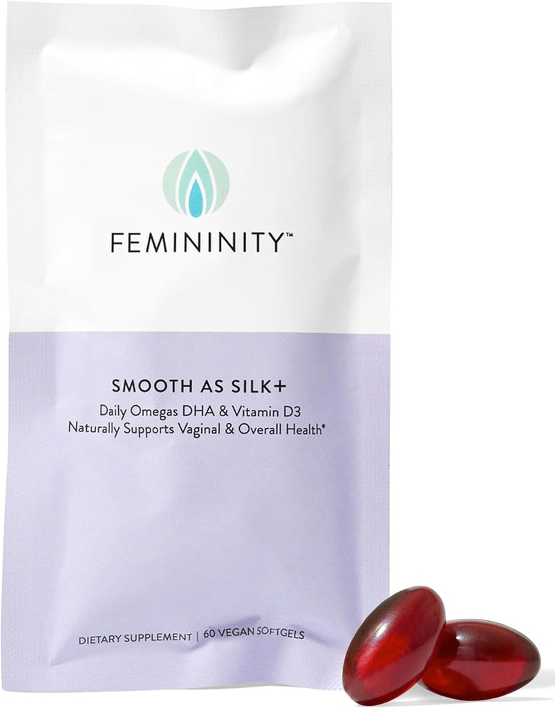 Feminity Gładkie jak jedwab + 30- Day Refill dla suchości pochwy (60 Softgels) - Mieszanka oleju Buckthorn Sea, Witamina D3 i Plant Omega-3 DHA