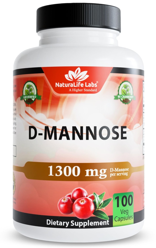 NaturaLife Labs Organic D- Mannose 1300 mg z Organic Cranberry Extract 100 mg na serwowanie - 100 Kapsułek - Non-GMO, Gluten- Free, Vegan