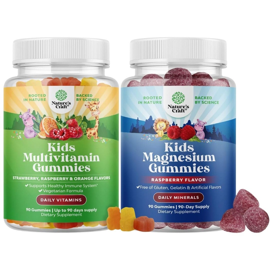 Bundle of Kids Multivitamin Gummies for Immunity Support with Vitamin A C D3 E B and Cync and Kids Magnezu Gummies - Relaksujące Mag Citrate z Malina Flavor for Nerve & Heart Health