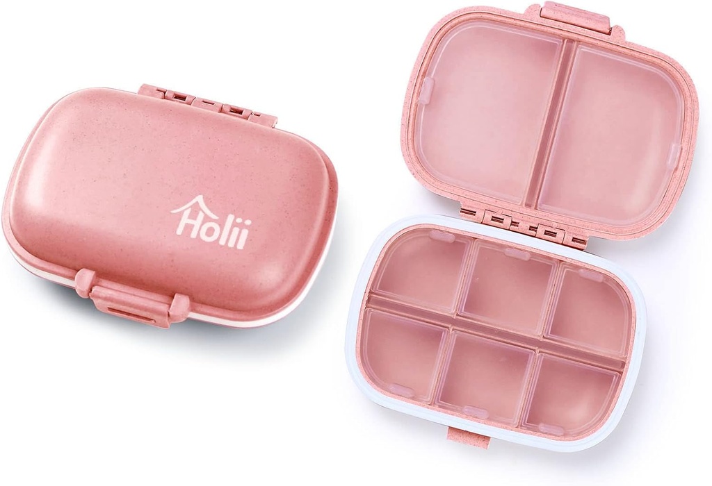Holii 2PS 8 Komory Travel Pill Organizer, Pocket Pharmacy for Purse Daily Pill Box Portable Medicine Organizer Vitaine Holder Container (Light Pink)