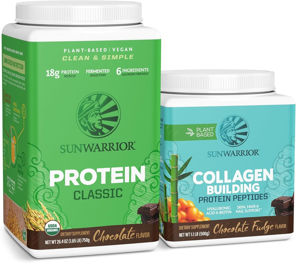 Sunwarrior Classic Wegański proszek białkowy 124; Plant- based 30 Służenia, Czekolada & Kolagen Building Proszek Kwas hialuronowy 124; 20 Słupki, Czekoladowy aromat