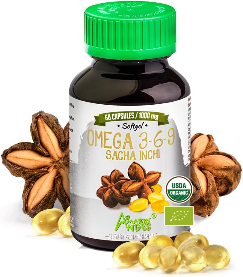 Andes Sacha Inchi kapsułki (Plukenetia volubilis) - Źródło Omega 3, 6, 9 z esencjonalnymi kwasami tłuszczowymi - bezosorowe i zrównoważone pozyskiwane - Wsparcie funkcji mózgu - 60 tabletek Softgel (1000mg)