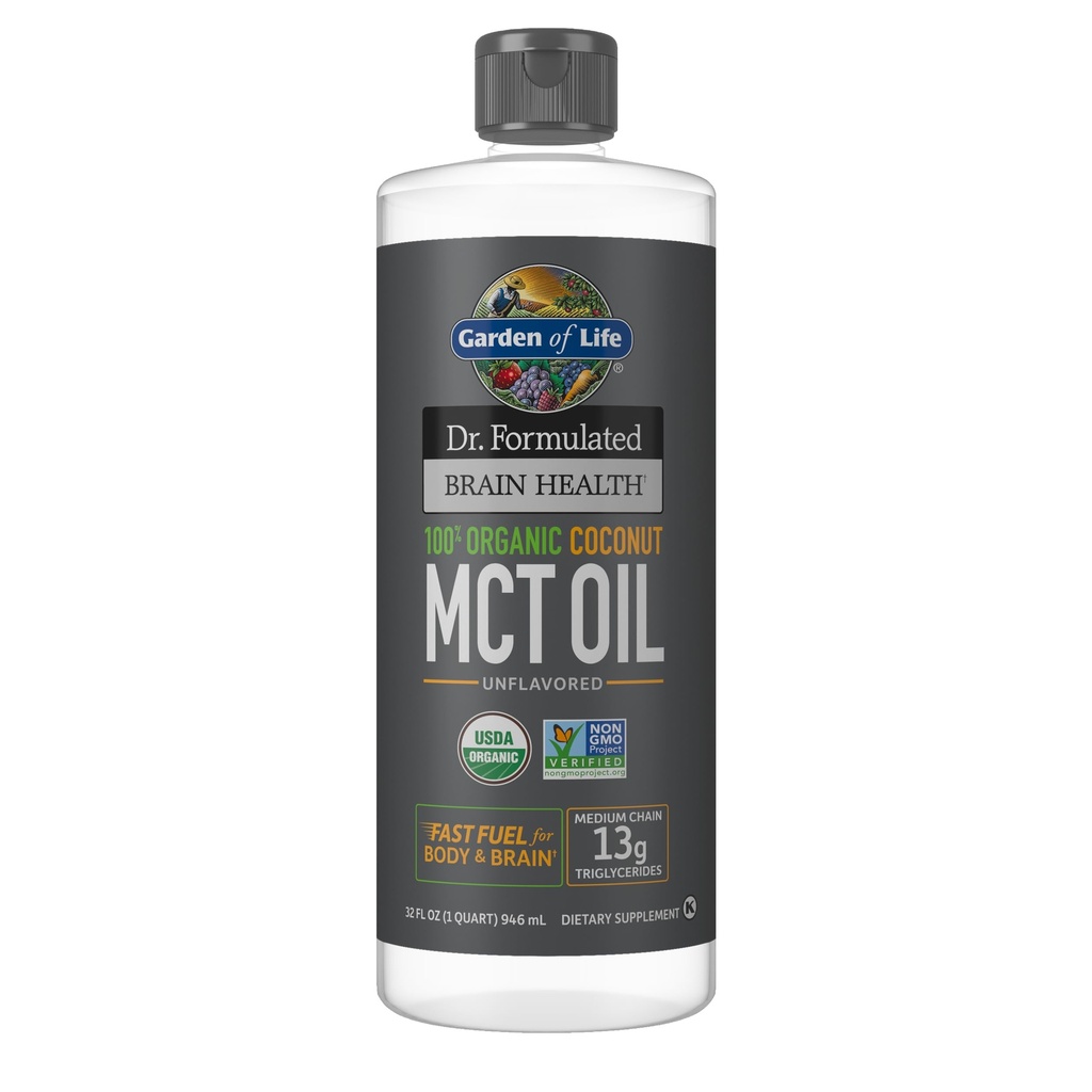 Ogród Życia Dr Utworzony Zdrowie Mózgu 100% Organic Coconut MCT Oil 32 fl oz Unflavored, 13g MCTs, Body & Brain Fuel, Certified Non-GMO Vegan & Gluten Free, Hexane- Free