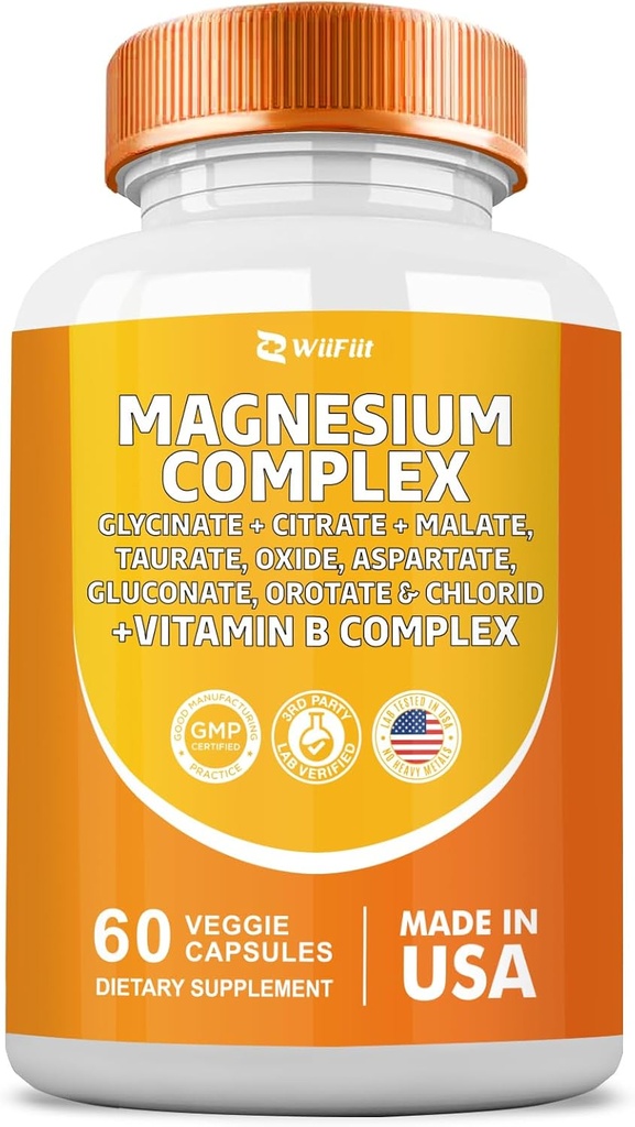 Magnezu Complex Supplement, Clycinate 141mg tlenek 228mg jabłczan 58,5 mg cytrat 62,4 mg z Orotin glicyna Taurate Chloran Aspartate Glukonian Witamina B, Suplementy mineralne 60 Kapsułki
