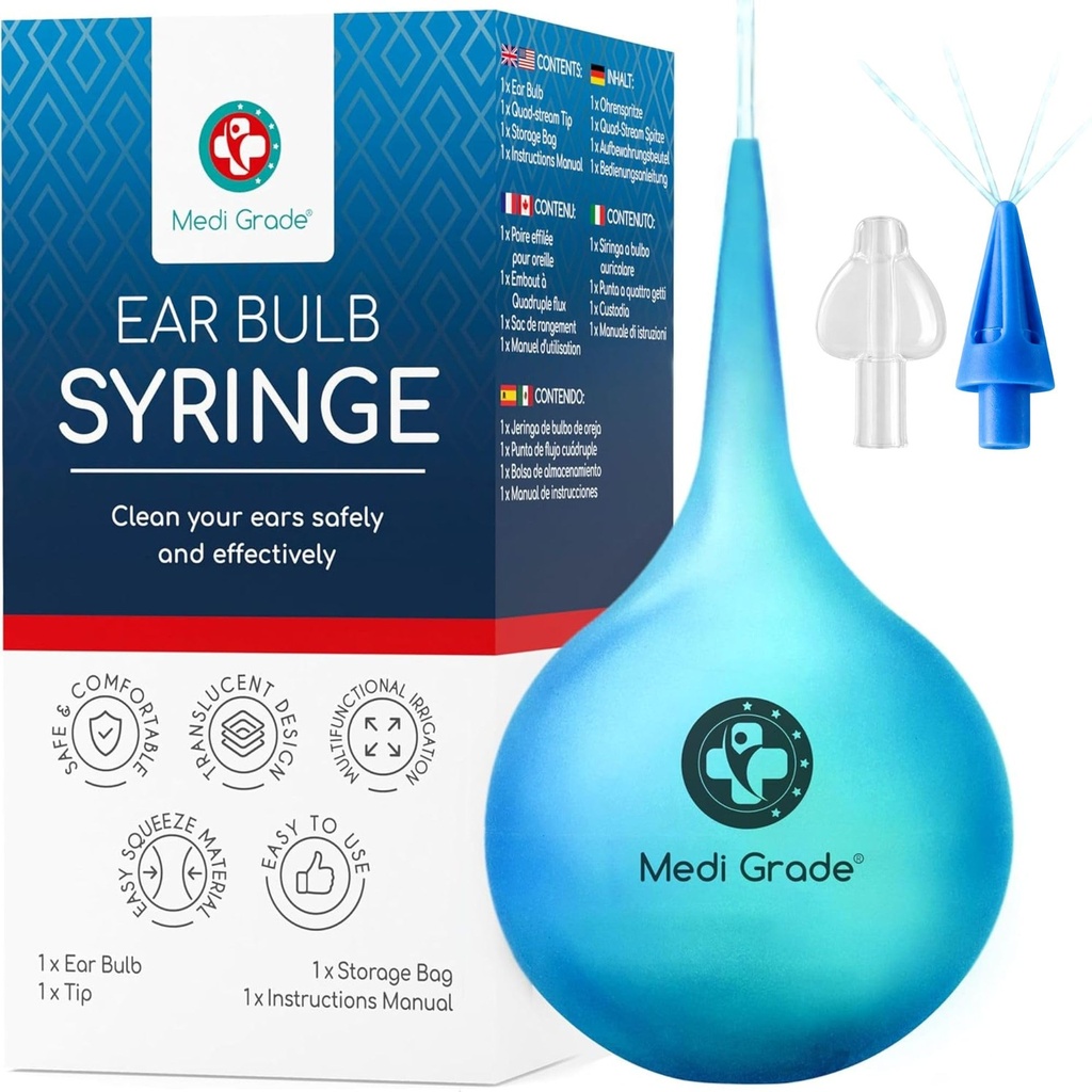 Medi klasy Ear Bulb Syringe - Skuteczne narzędzie do usuwania Wosk Uszy z Add- on Quad- Stream Tip - Przyjazny dla podróżnych Zestaw do czyszczenia uszu dla łagodnego czyszczenia Uszy - Flusher dla Uszy Wax - 2.54 fl oz