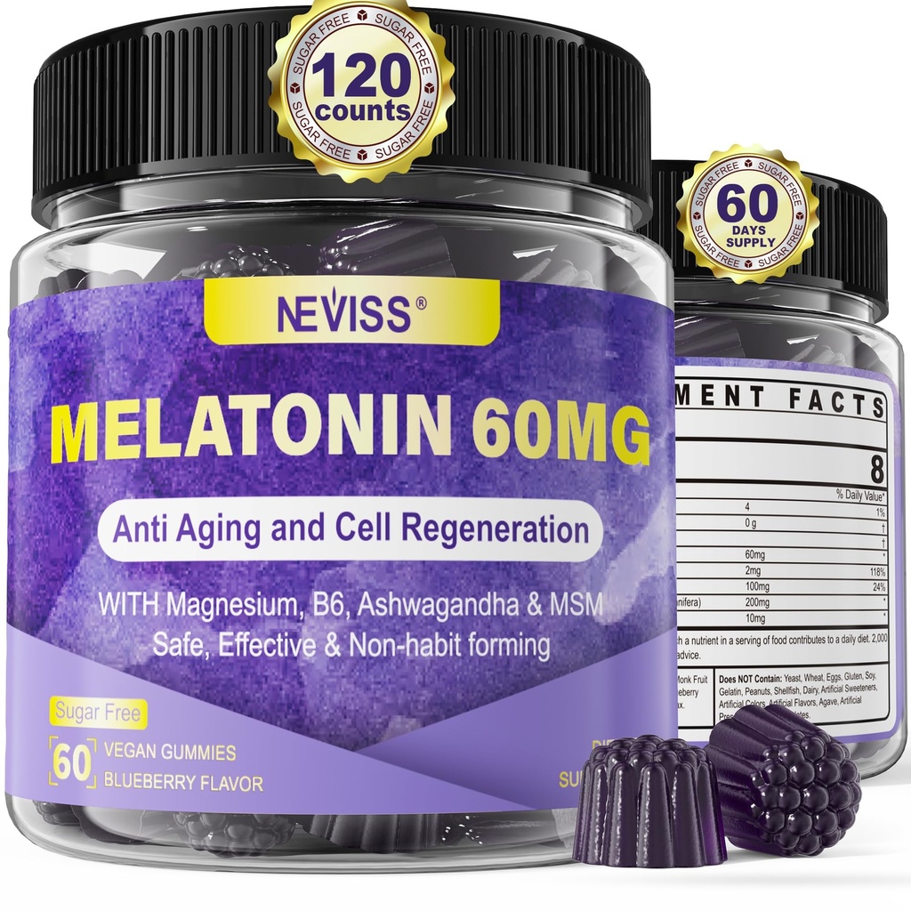 Antyoksydant & Brain Support Melatonin 60mg 30 mg dla 50 + dorośli 124; Melatonina o wysokiej dawce dla anty- starzenia i immunologicznego 124; Gummiele o dużej mocy Melatonina z B6, Ashwagandha, Magnez, MSM - 120 Gummies