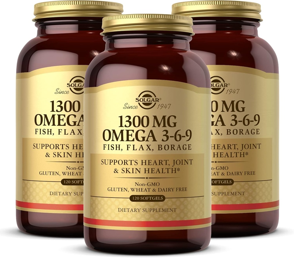 Solgar 1300 mg Omega 3- 6- 9, 120 Softgels (Pack of 3) - Fish Oil Supplement - Support for Joint & Skin Health - Zawiera nasiona lniane & Borage - Zawiera EPA & DHA Omega 3 Kwasy tłuszczowe - 120 Łączne służby