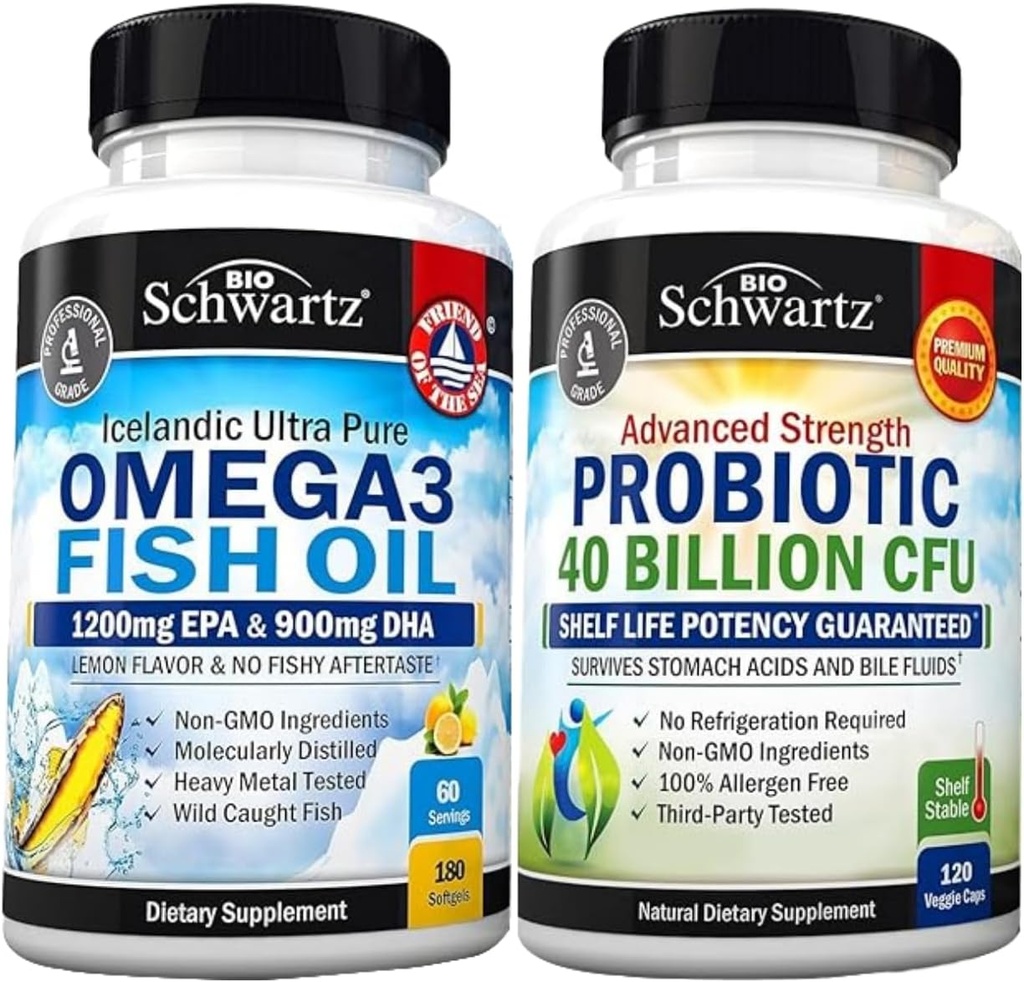 Potrójne siły Omega 3 Softgels oleju rybnego (2 miesięczne dostawy) Plus 40 Miliard CFU Codzienne suplement Probiotyczny (2 miesięczne dostawy)