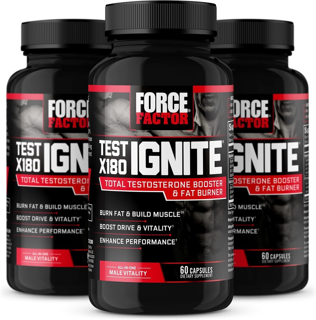 FORCE FACTOR Test X180 Ignite, Testosterone Booster & Fat Burner for Men, Testosterone Supplement to Help Build Muscle, Increase Energy, and Boost Vitality and Performance, 60 Count (Pack of 3)