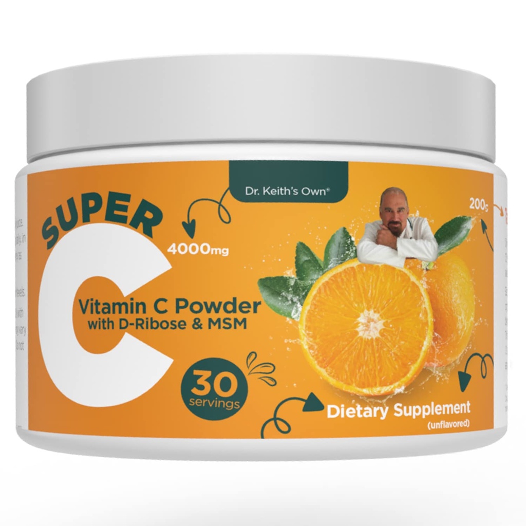 Dr Keith 's Own Super C- Wysoka dawka w proszku Witamina C 4000mg z D- Ribose, Glicyna, MSM- Wysoka Absorbowalny, Przyjazny do jamy ustnej, Boost Collagen, Immune Support- Unflavored, 200 Grams (30 Służenie)