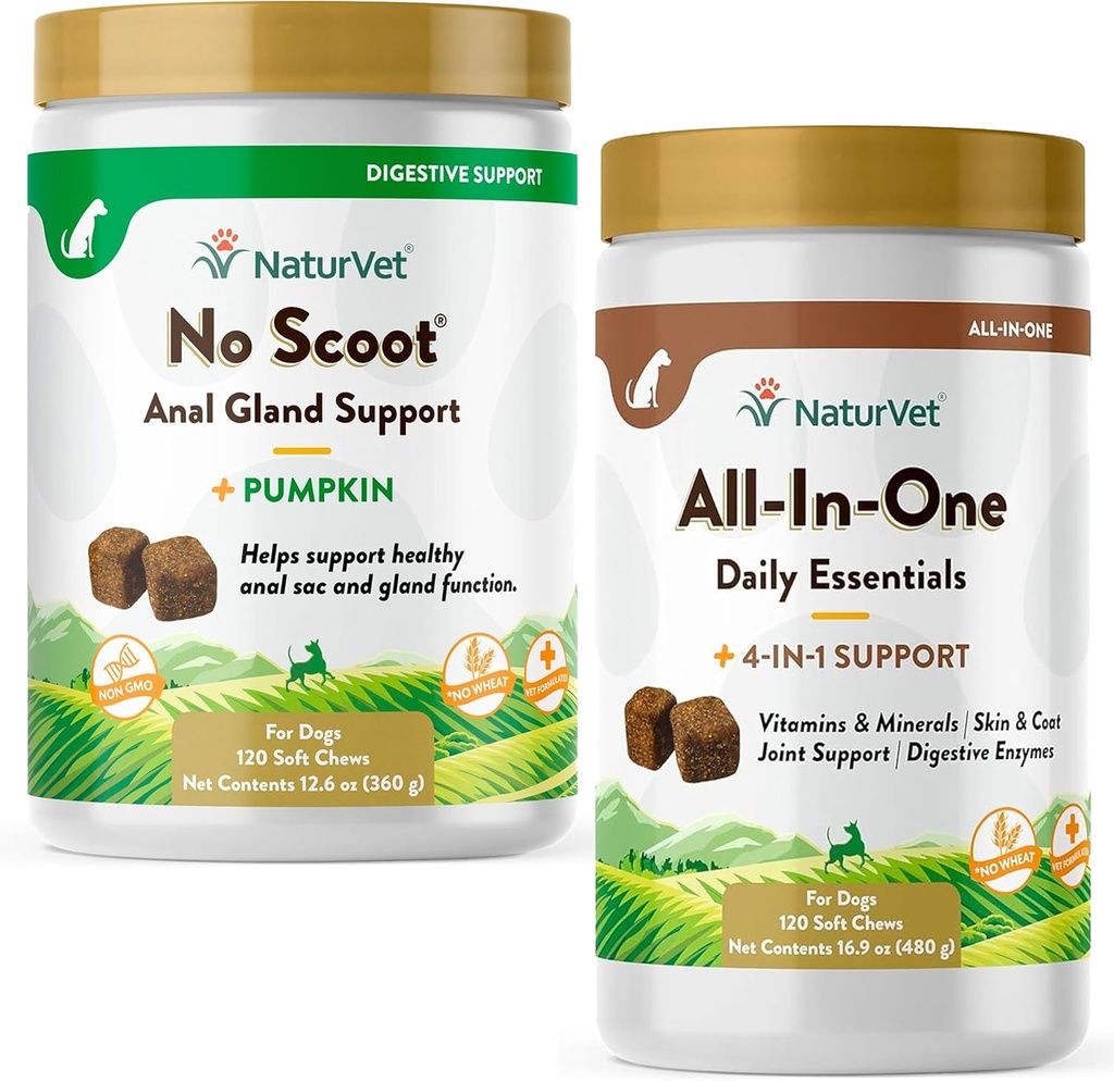 NaturVet All- in- One Dog Supplement - for Joint Support, Trawienie, Skóra, Opieka nad płaszczem - 120 Soft Chews & No Scoot for Dogs - 120 Soft Chews - Pomaga zdrowe Anal Gland & funkcji
