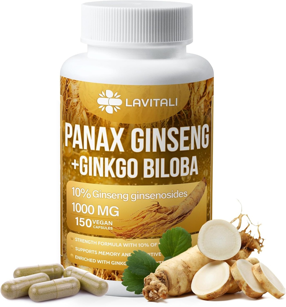 Ginseng & Ginkgo Biloba 150 Kapsułki Veggie, Energy Ginseng Root Extract Proszek, z Ginkgo Biloba Extract, 100% Natural & Non-GMO, Vegan, Gluten Free, Dairy Free