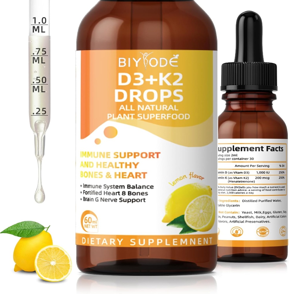 Witamina D3 K2 Krople płynne - Liposomal 1000 j.m. D3 & 200 µg K2 MK- 7 - Wysoka absorpcja, Immune, Bone & Heart Support, Non-GMO, Lemon Flavor, 60 ml