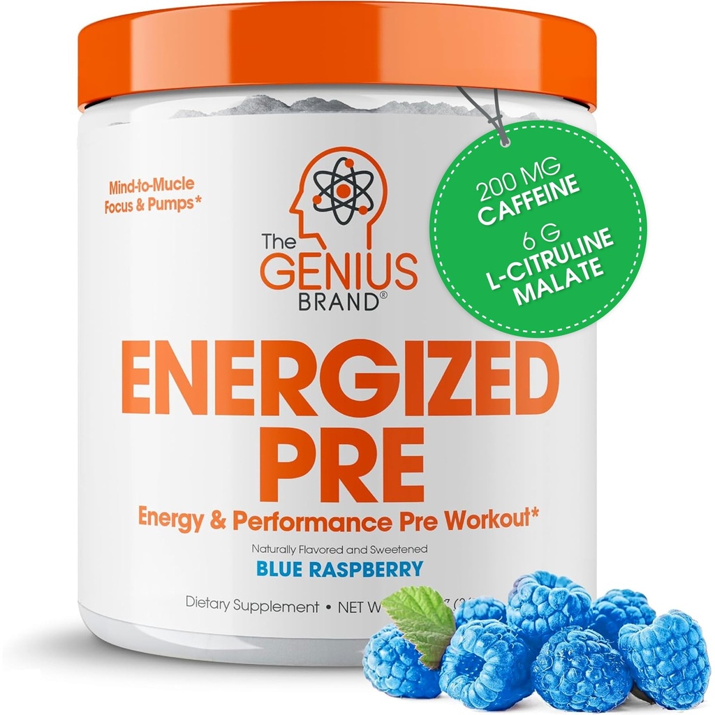 Genius Energized Pre Workout Proszek - Kofeina Infused Pre- Workout Booster Suplement z Beta Alanine & Alpha GPC, Brak sztucznych słodzików lub barwników - 200mg Kofeina, 20 Służenia, Niebieski Malina