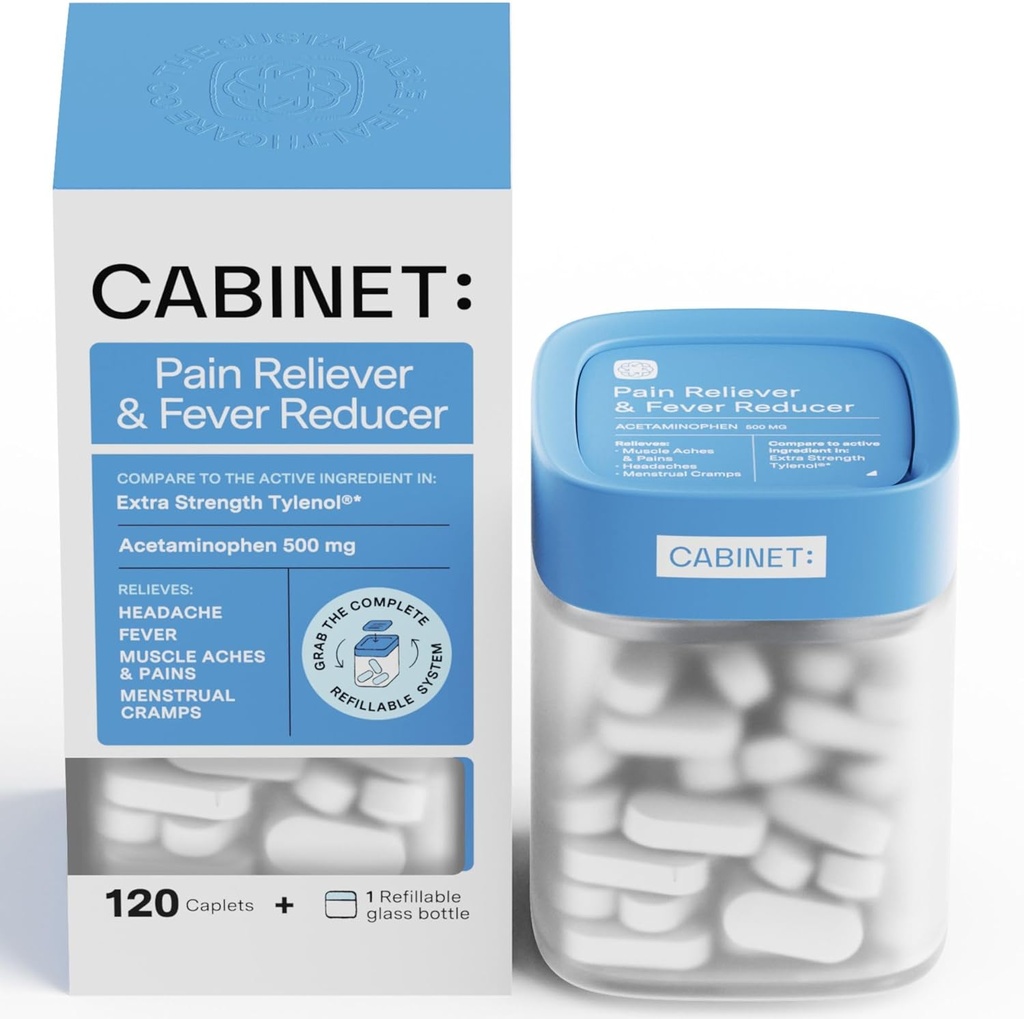 Gabinet: 500mg acetaminofenu na ból głowy Relief, zębatki, ból gardła i gorączka Reduktor, Zawiera 1 Replikacyjny słoik lekarski, 120 tabletek (Starter Kit)