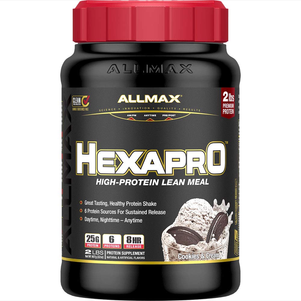 ALLMAX HEXAPRO, Cookies & Cream - 2 lb - 25 gramów białka na serwowanie - 8-godzinne Trwałe uwolnienie - Zero cukru - 21 Słupki