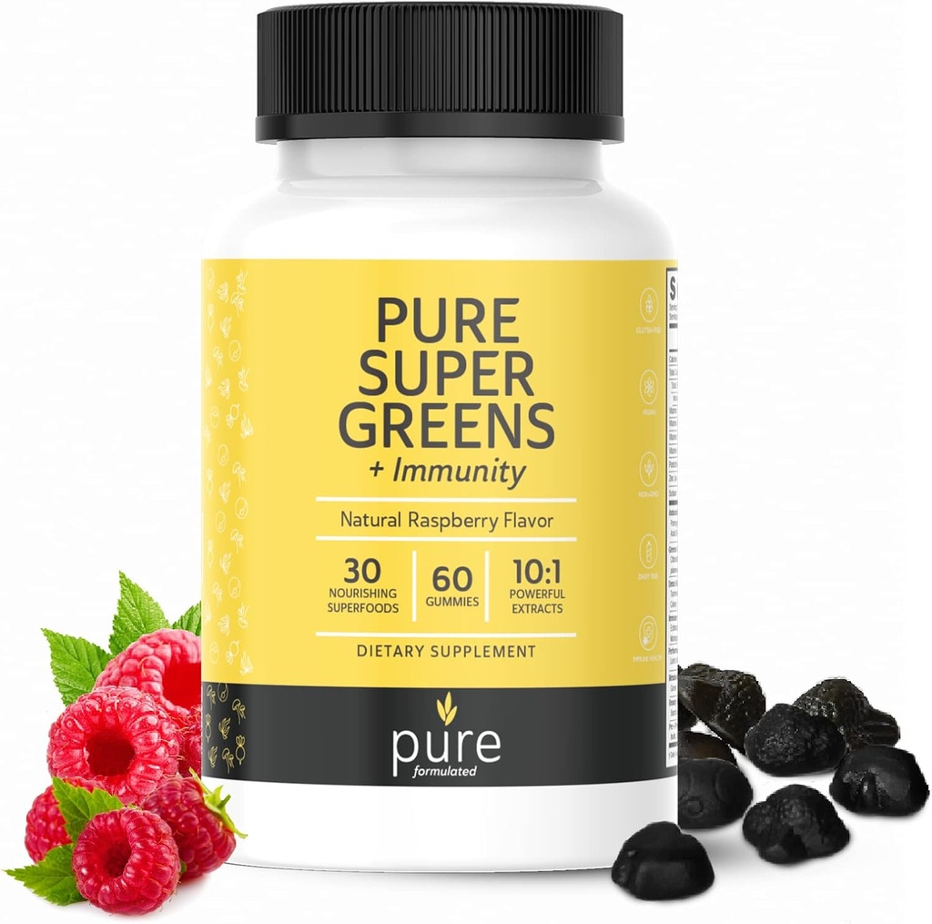 Super Zielone Gummeje multiwitaminowe dla dorosłych i dzieci Gummeje immunologiczne - 30 Superfoods Vegan Supplements - Natural Malina Flavor (60 Hrabia)