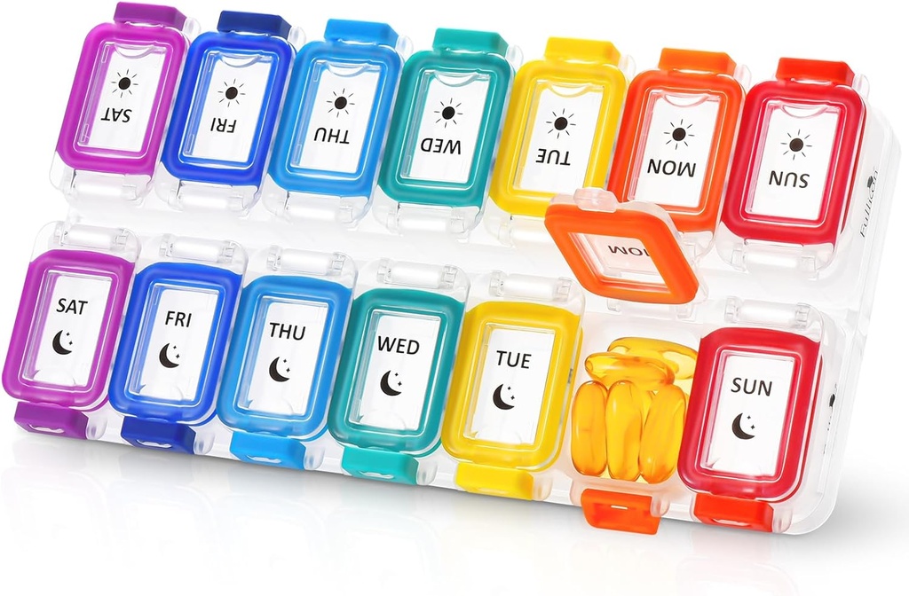 Fullicon Moisture Proof Pill Organizator 2 razy dziennie, Duży Pill Box 7 dzień, Spill Proof Pill Case, Travel Pill Container, Medicine Pill Organizator z bezpiecznych lidów, Daily Pill Organizer (Rainbow Clear)