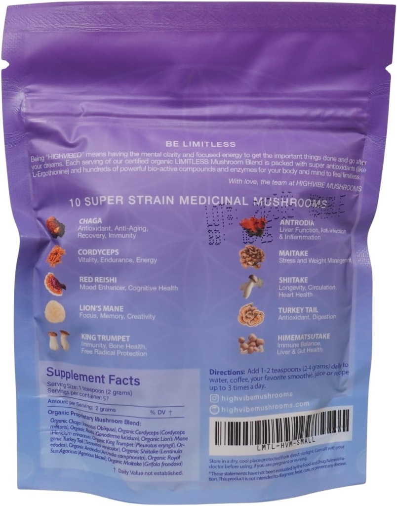 Grzyby wysokiej jakości Grzyby Limitless Mushroom Powder, 10- in-1 Grzyb mieszanka, Full Spectrum Mycelium i Fruiting Body, Organic, Wegan, Kosher, GF, Focused Energy