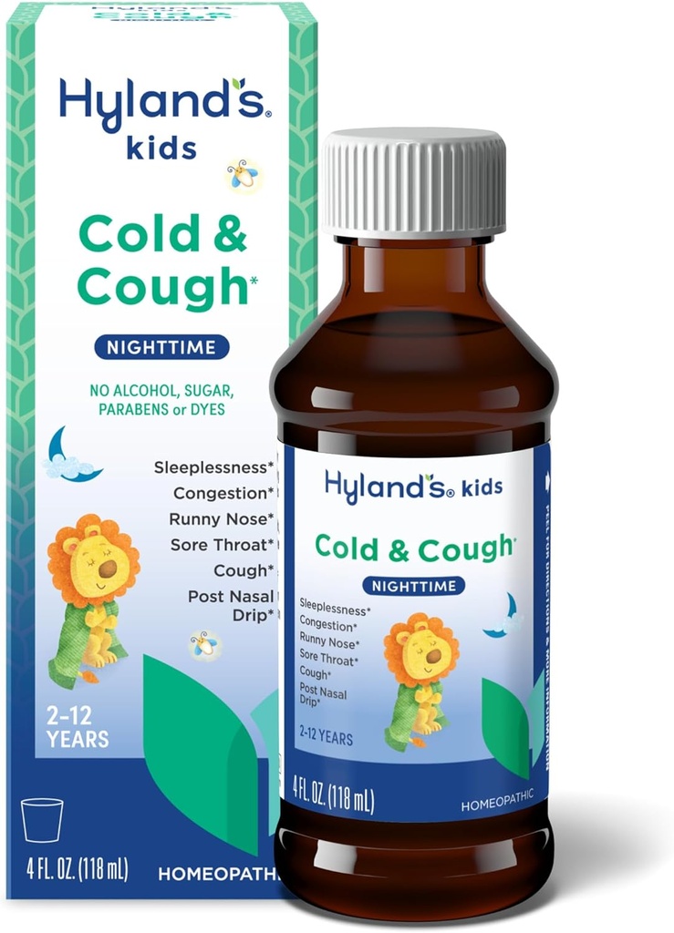 Hyland 's Kids Cold and Cough, Night Cough Syrop Medicine for Kids Ages 2 and up, Decongestant, Sore Throat Relief and Sleepless, Relief of Common Cold Symples, 4 Fl Oz