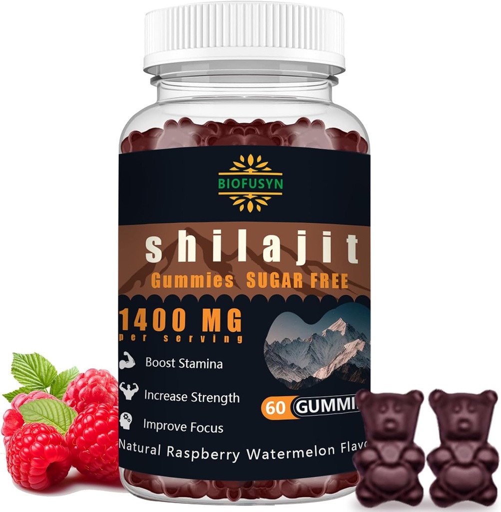 Shilajit Gummies dla mężczyzn i kobiet - 1400mg, Pure Himalayan Supplement, Wysokie w minerałach i kwasu Fulvic, Energia, Mózg, Immunitet Boost, Malina Arbuz Flavor