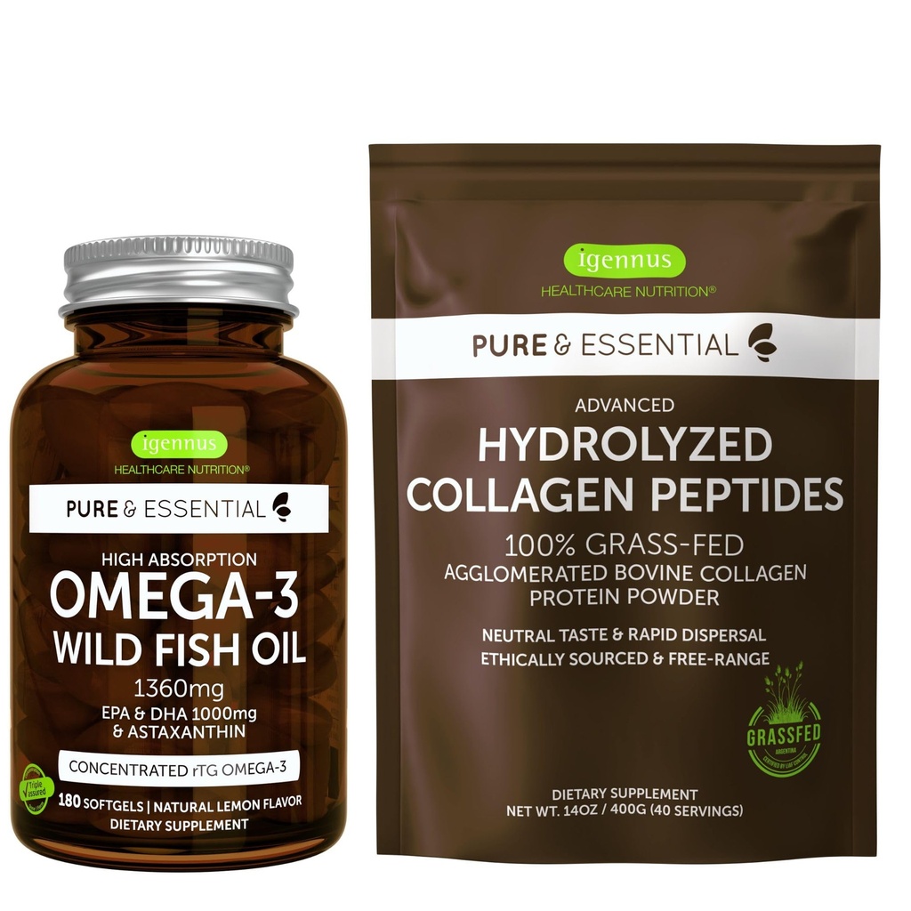 Wysoka absorpcja Omega-3 Wild Fish Oil 1360mg & Advanced Hydrolizated Collagen Peptydes Bundle, 1000mg EPA & DHA z Astaksantyną & 100% tłuszczu z trawy Kolagen Bydło Białko proszku, przez Igennus