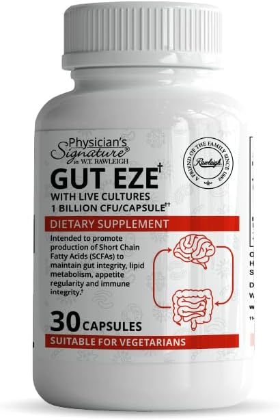 Rawleigh Gut Eze: 30 Kapsułki, Codziennie wegetariański probiotyk dla mężczyzn i kobiet, 1 Miliard CFU / Cap, Mikrobiome- Based, SCFA Production + Gut, Digestive, Immunitet, Apetite & Lipid Support, Non-GMO